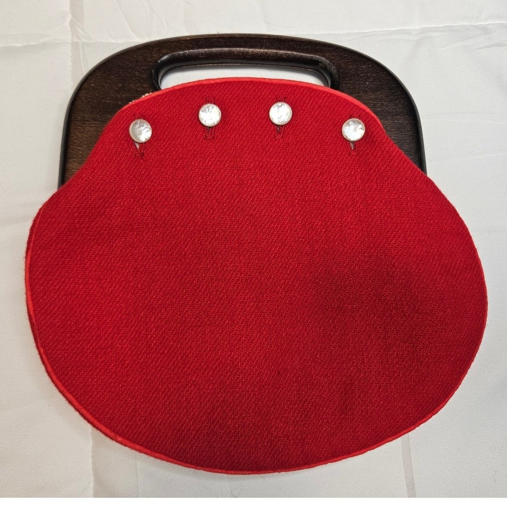 Vintage Red Wool Bermuda Bag Dark Wood Hinged Handle Mother of Pearl Buttons